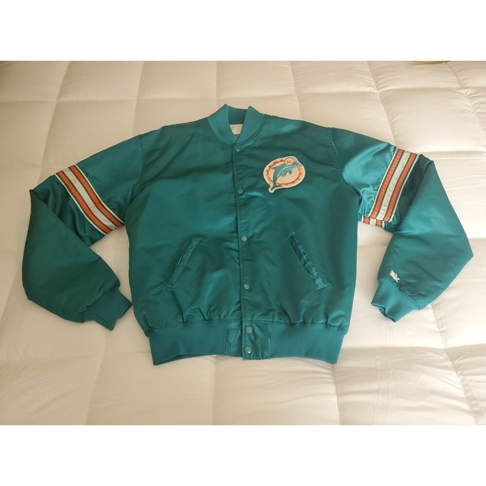 Vintage 90s Miami Dolphins Varsity Jacket Large 24x25 Teal Baggy Satin Stripe